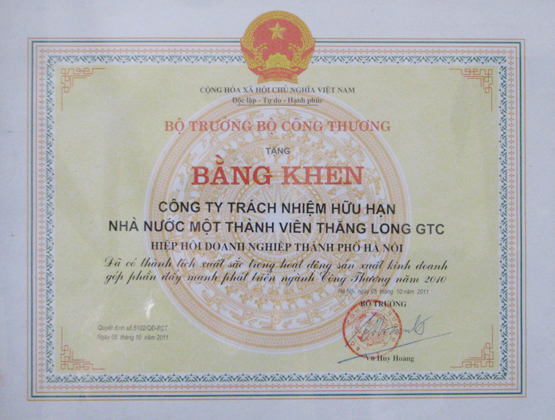 Bằng khen của hiệp hội doanh nghiệp TP - Hà Nội