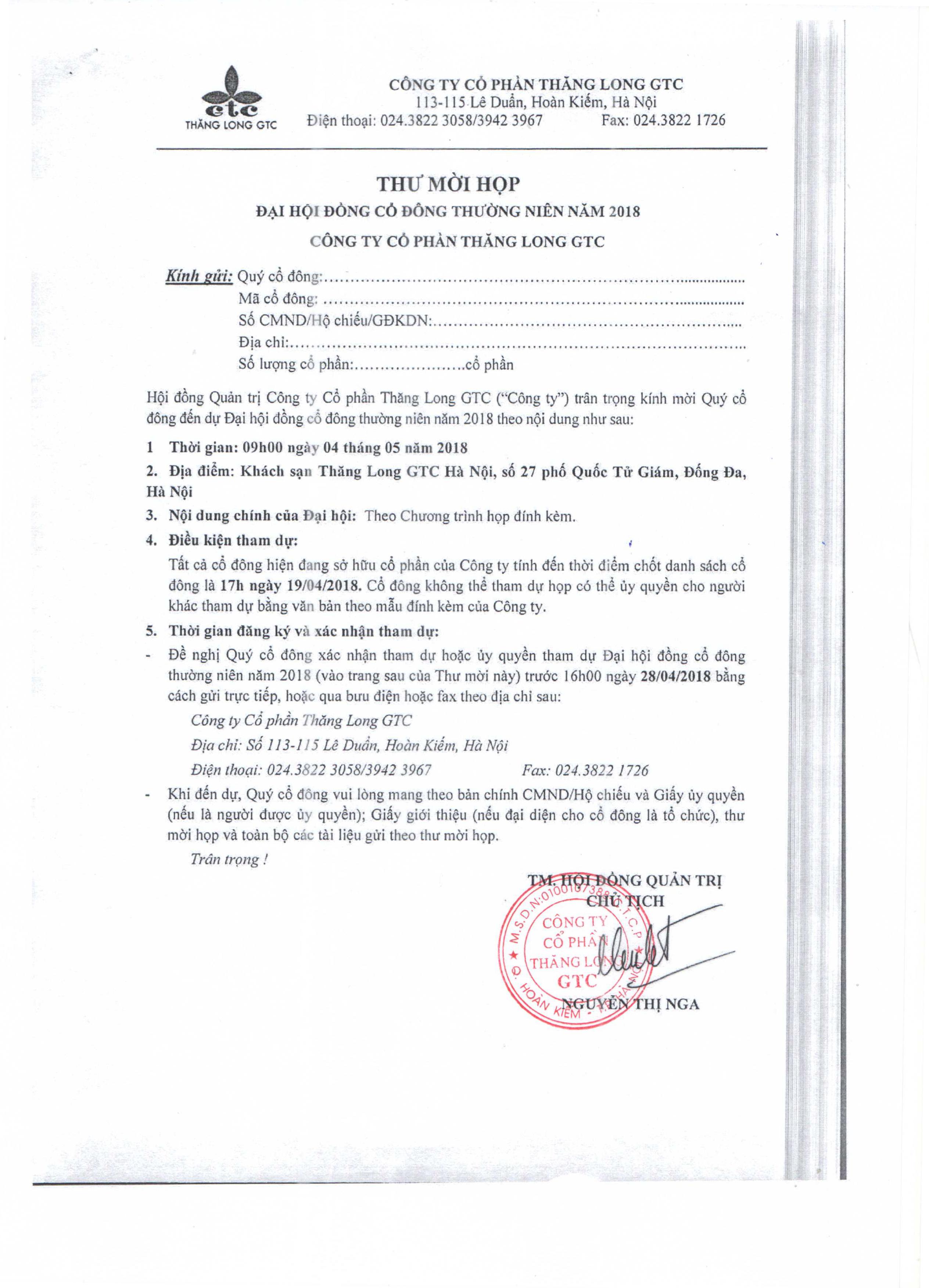 Thư Mời Họp Đại Hội Đồng Cổ Đông