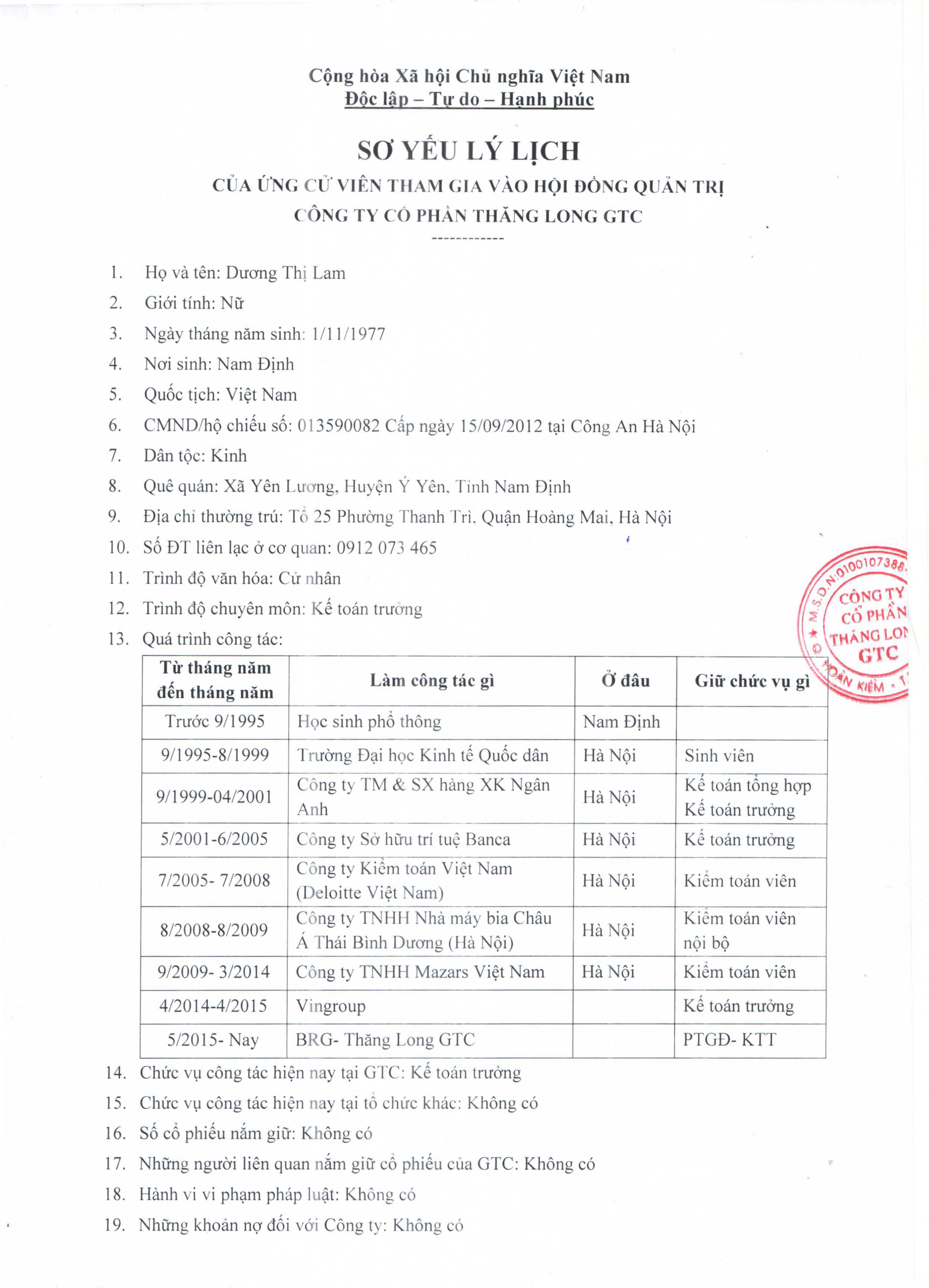 Sơ Yếu Lí Lịch Ứng Viên HĐQT
